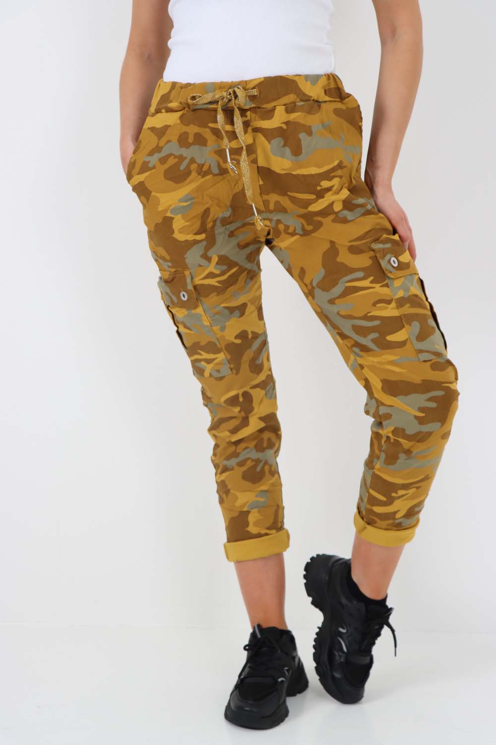 Italian Drawstring Camo Side Pockets Cargo Trousers