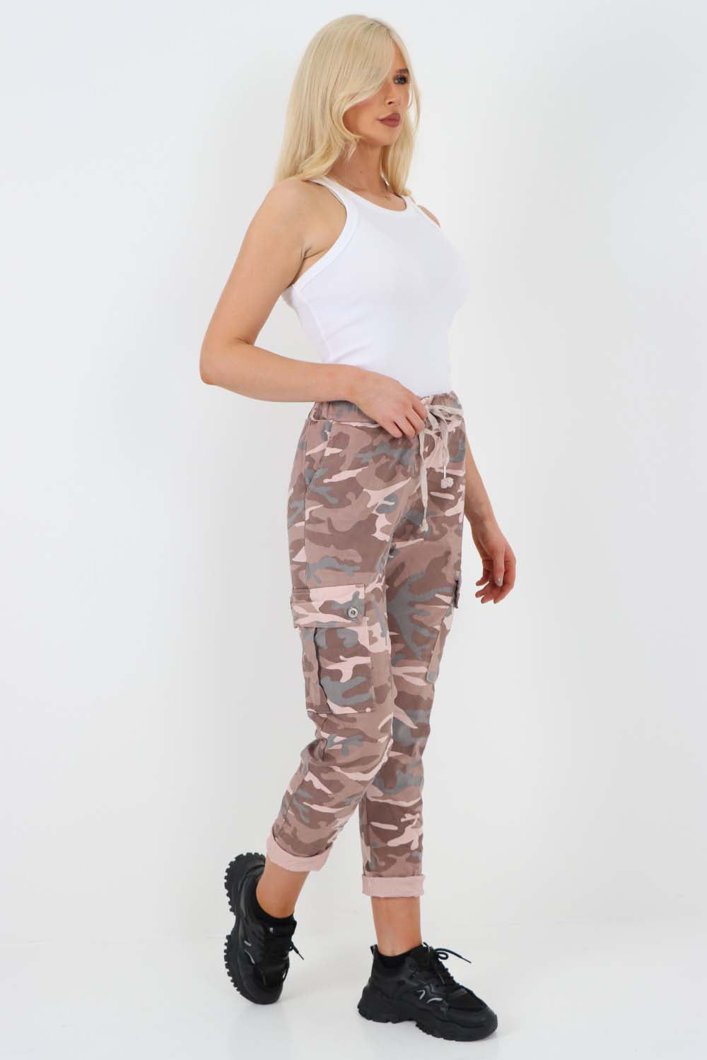 Italian Drawstring Camo Side Pockets Cargo Trousers