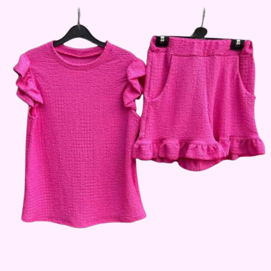 Italian Womens Ladies Frill Sleeve 2 Pcs Short Set