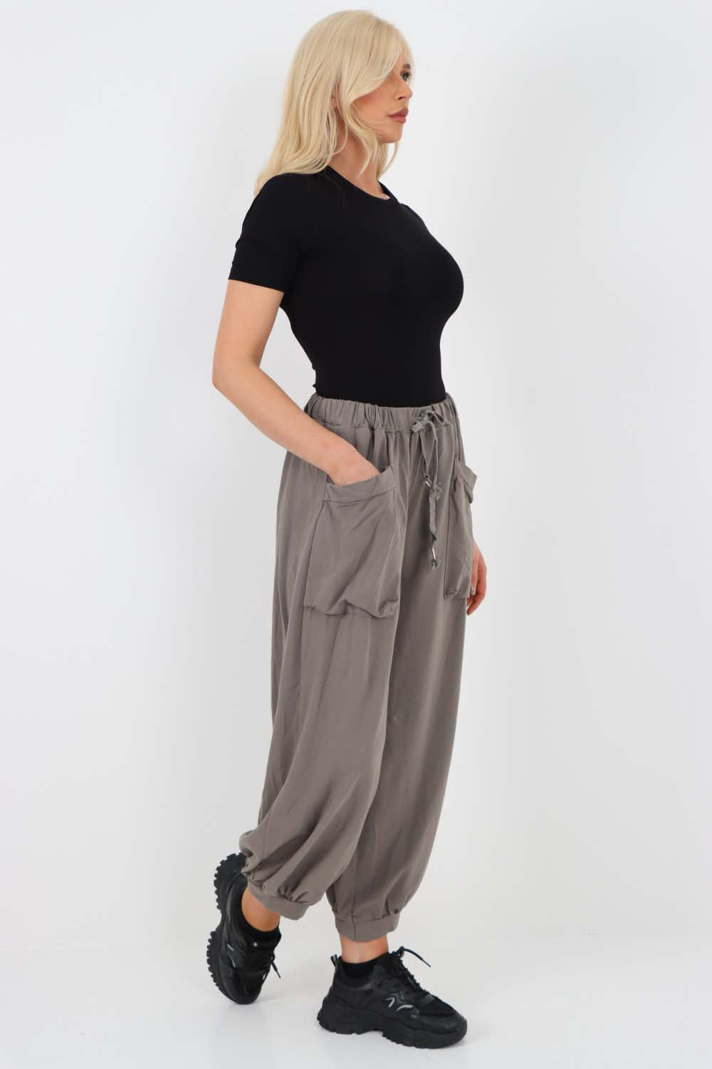Italian Drawstring Cotton Harem Trousers With Side Pockets