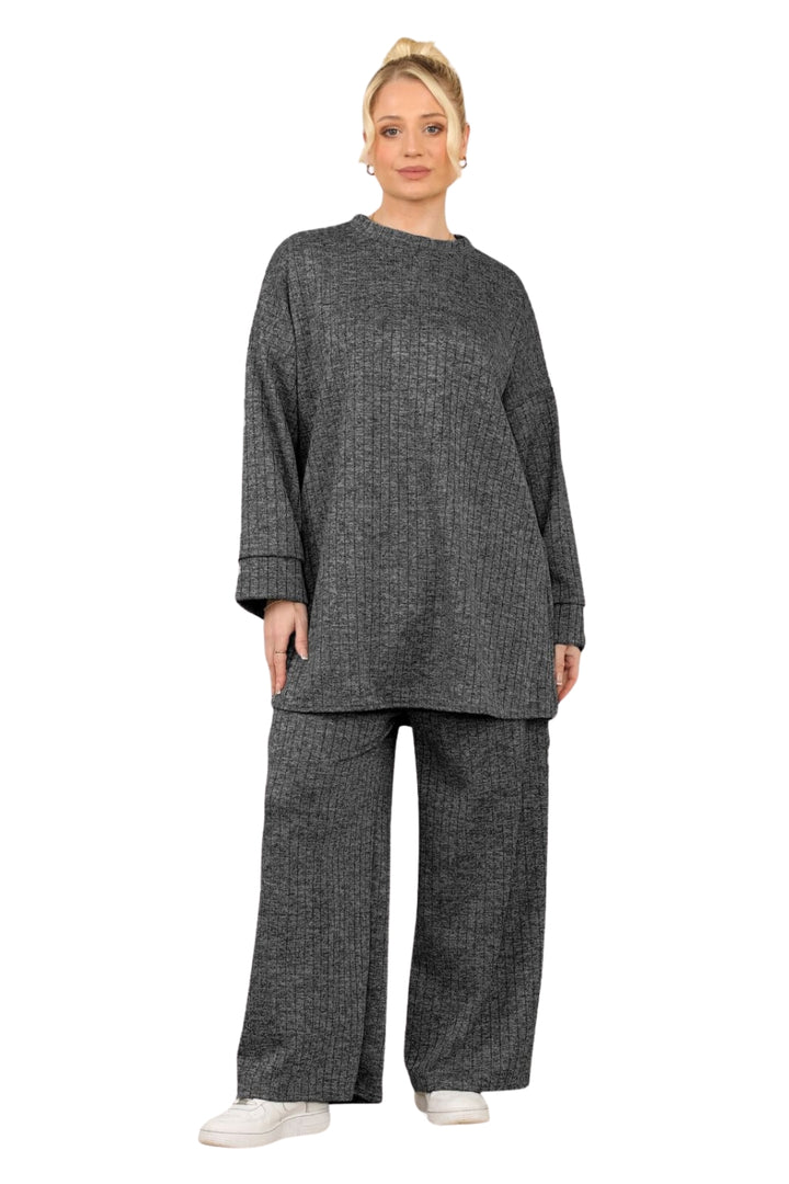 2 Piece Needle Ribbed Long Sleeves Loungewear Set