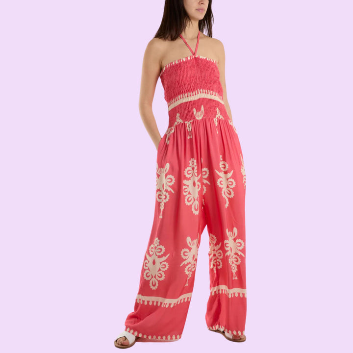 SHIRRED BODICE BANDEAU PRINTED JUMPSUIT