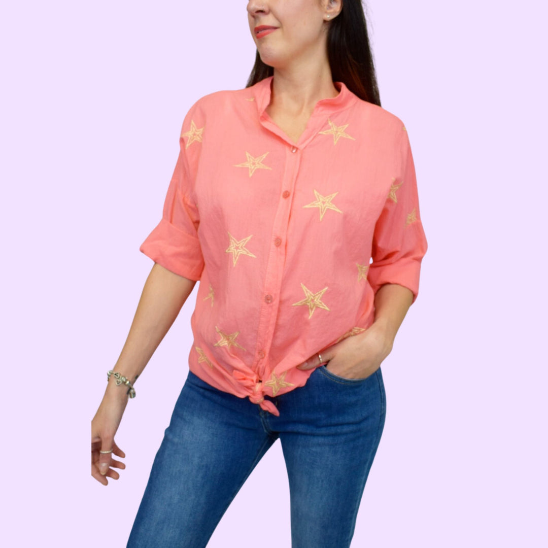 Tie Front Italian Cotton Star Blouse