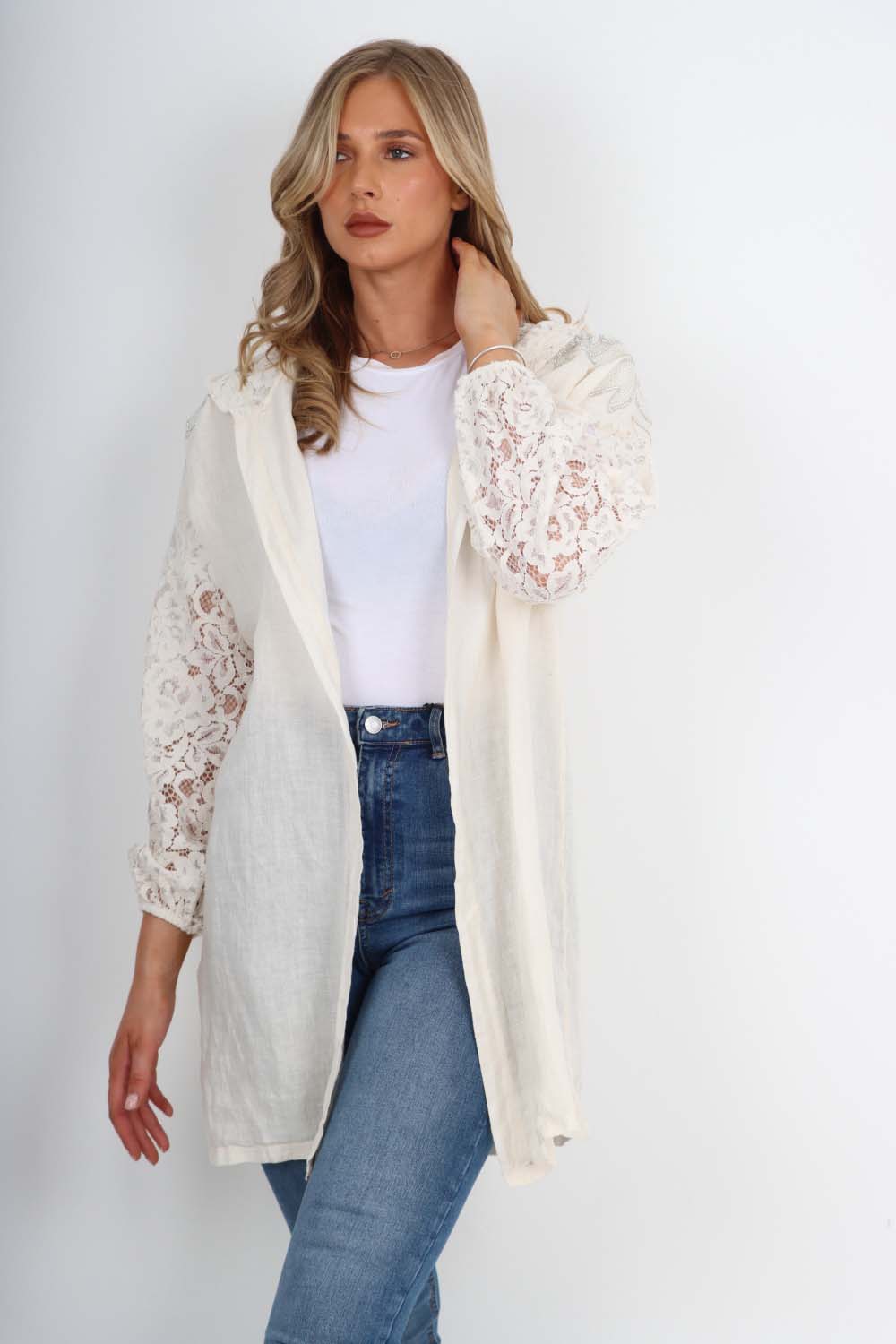 Italian Lace Sleeve Hooded Long Cardigan