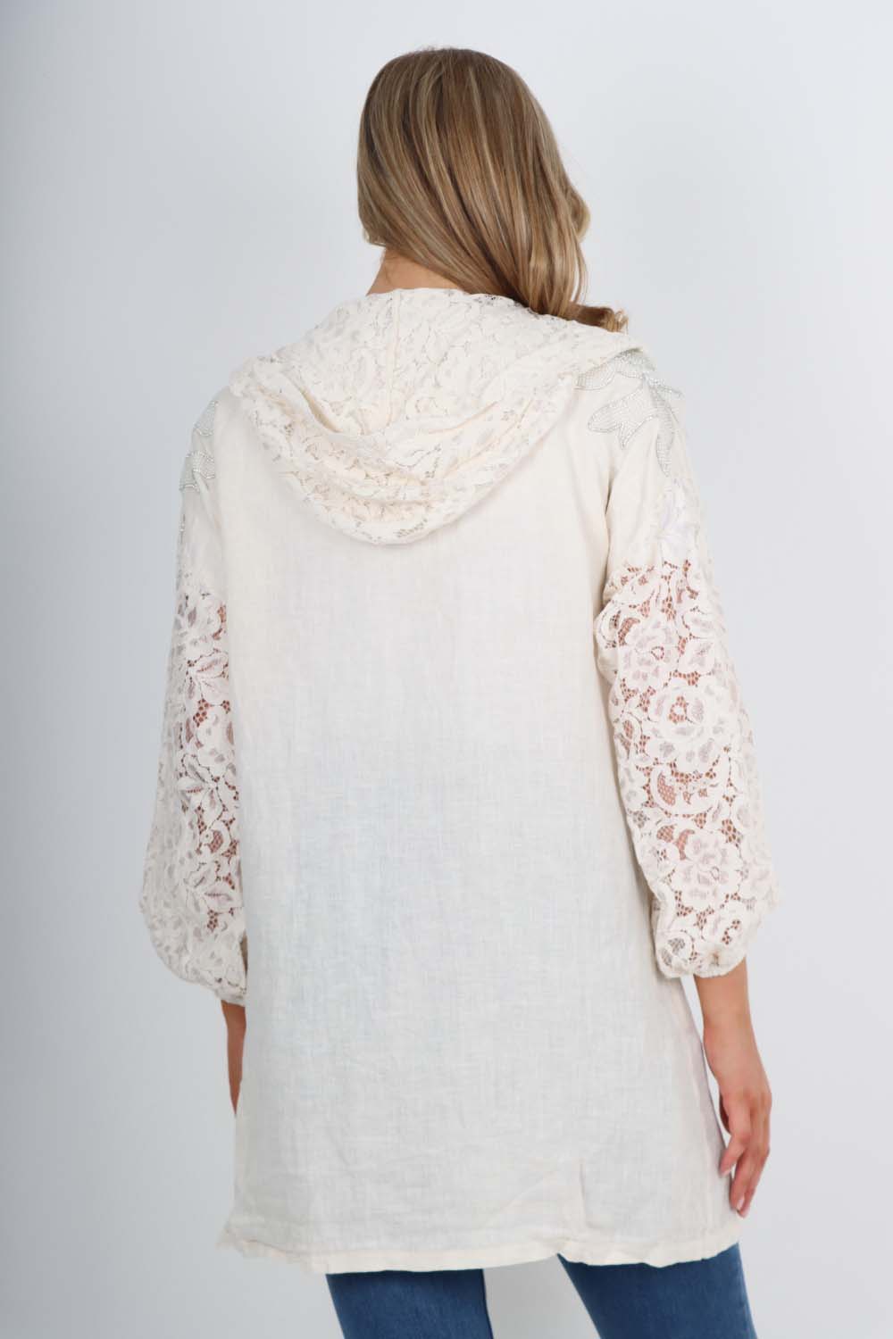 Italian Lace Sleeve Hooded Long Cardigan