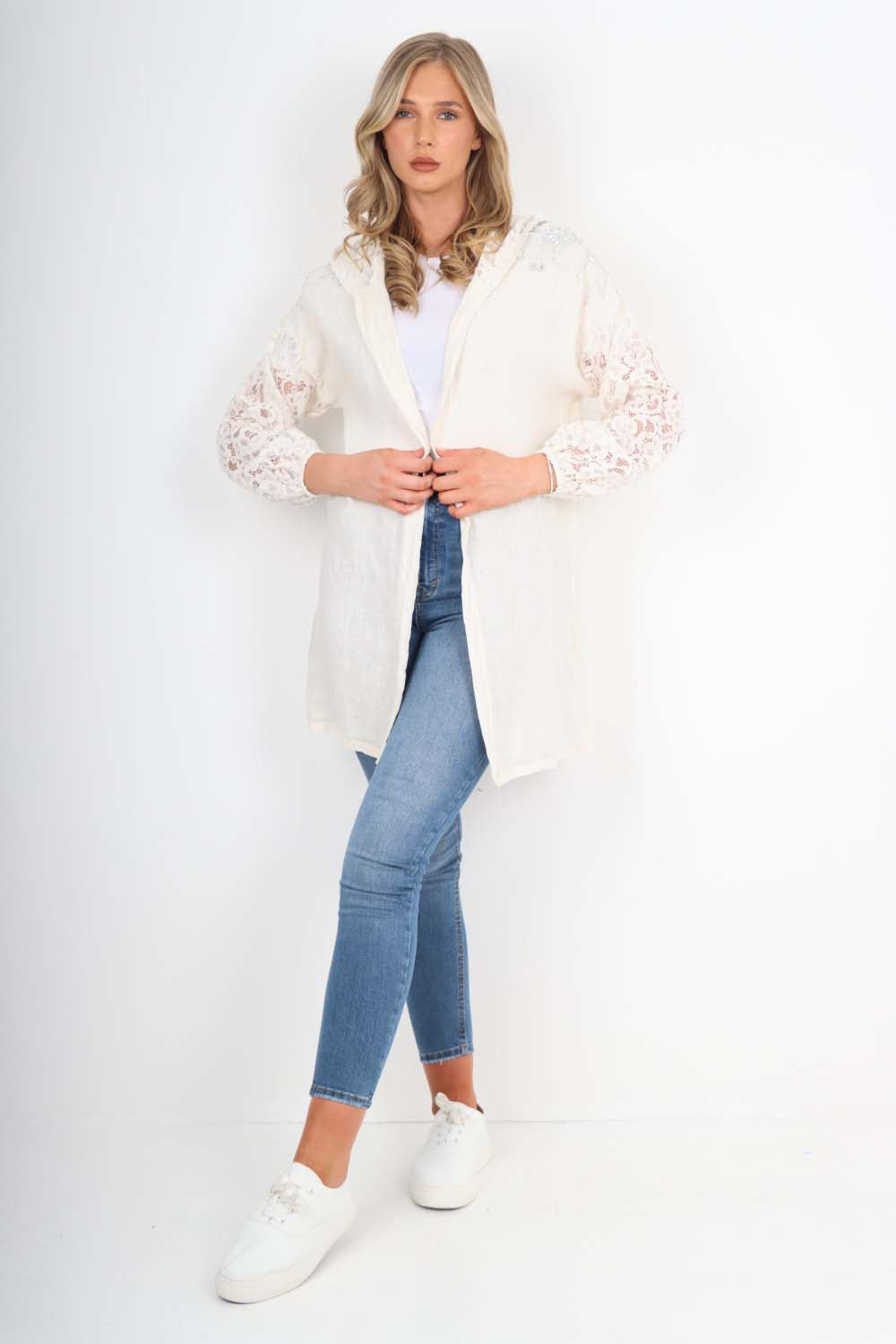 Italian Lace Sleeve Hooded Long Cardigan