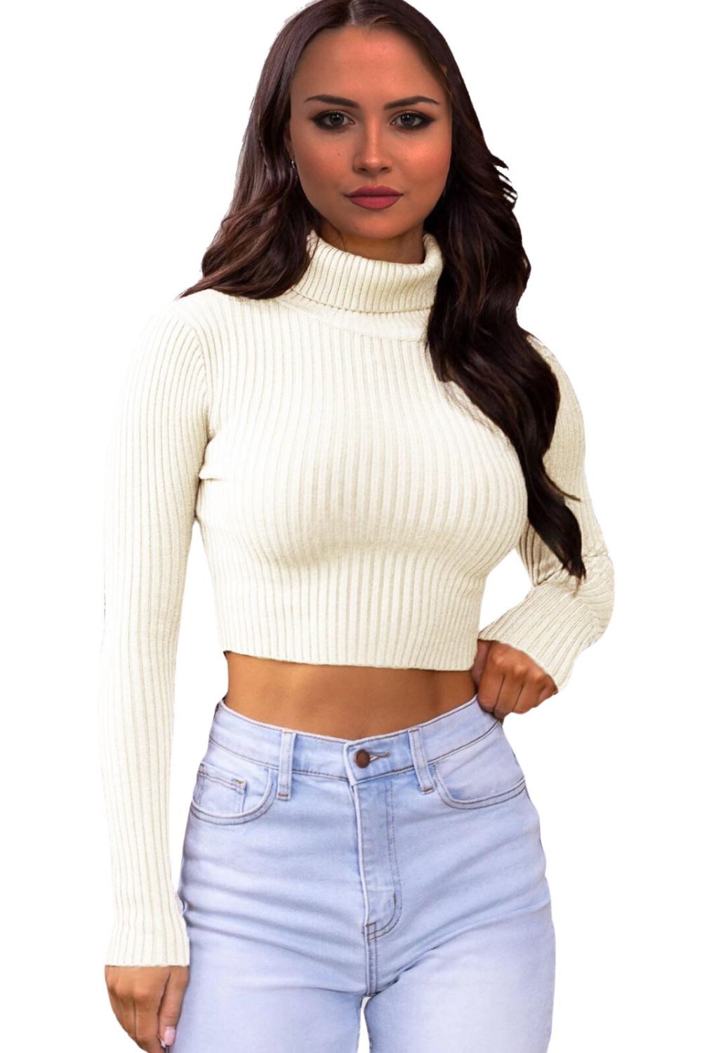 knitted Ribbed Polo Neck Crop Top