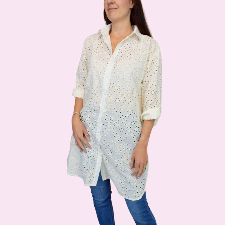 Broderie Anglaise Longline Cotton Shirt