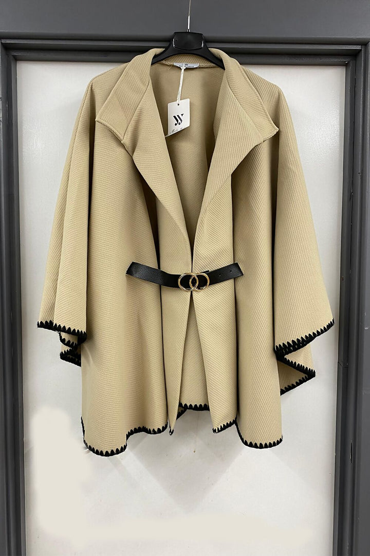 Oversized Contrast Edge Matching Belted Cape Coat