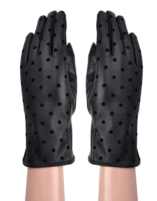 Black Small Stars Synthetic Leather (PU) woman Gloves