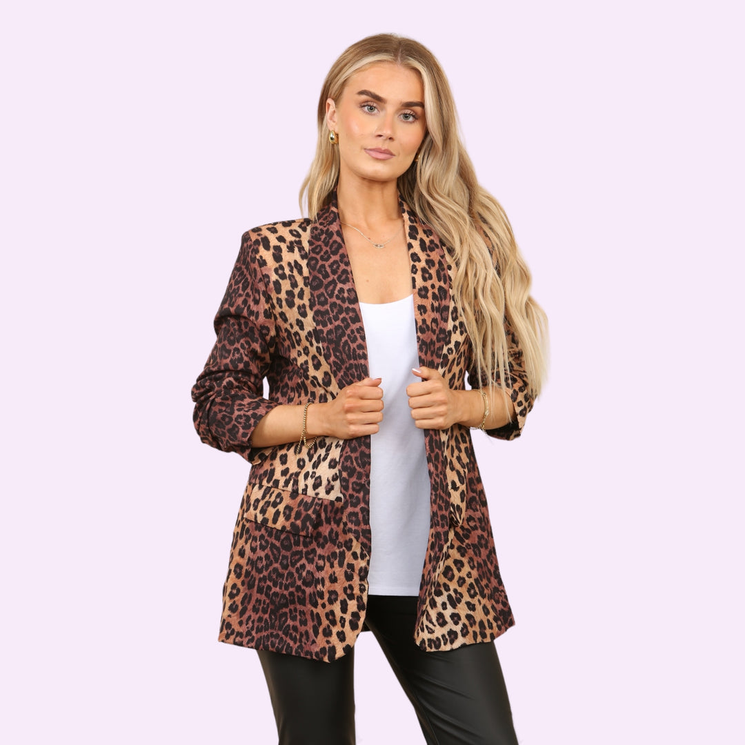 Leopard Print Blazer Open Front Pocket Jacket