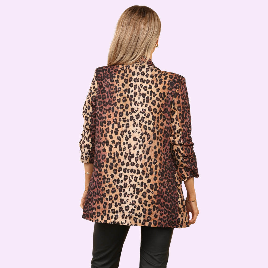 Leopard Print Blazer Open Front Pocket Jacket