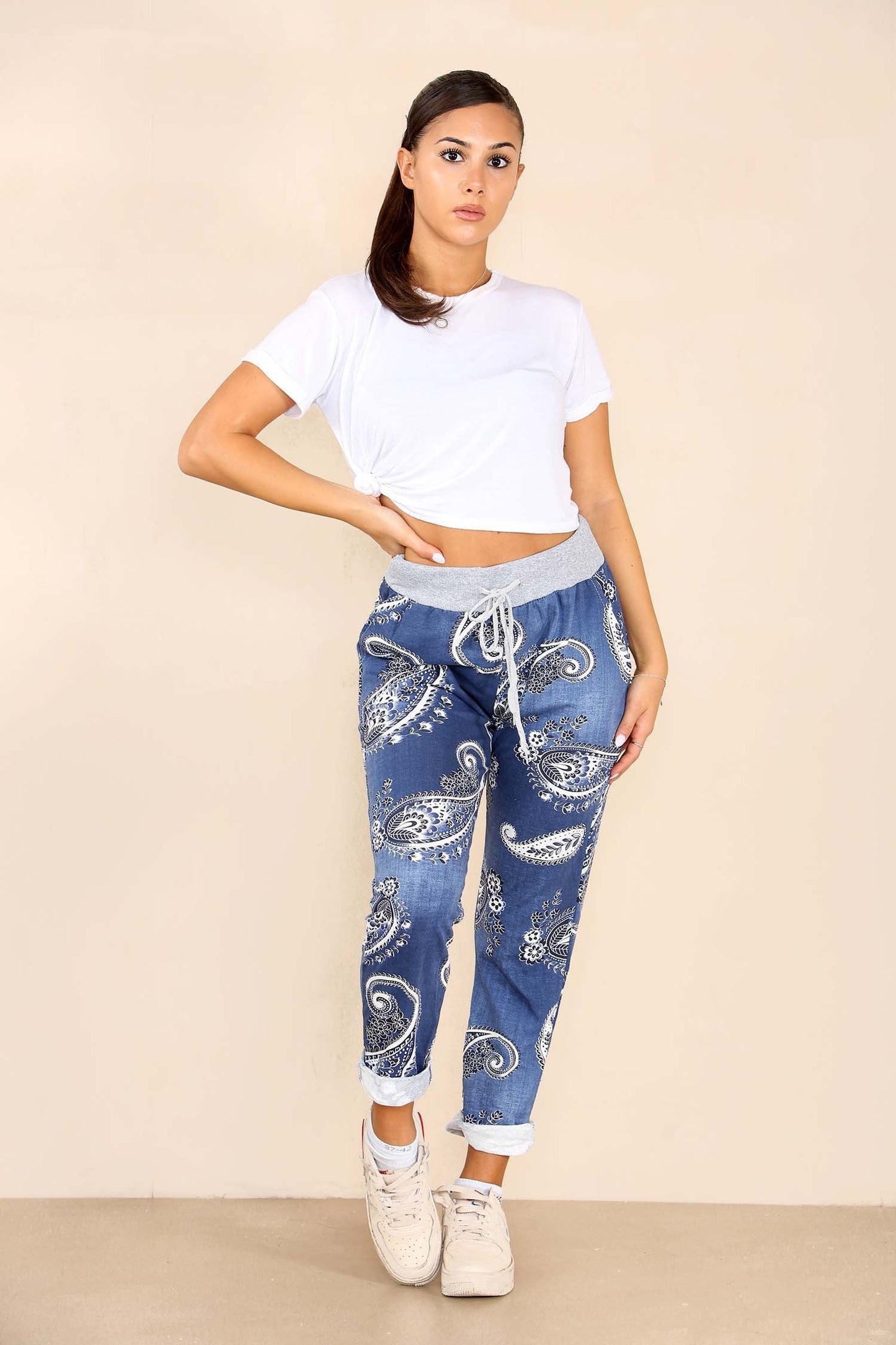 Italian Paisley Print Drawstring Cotton Joggers