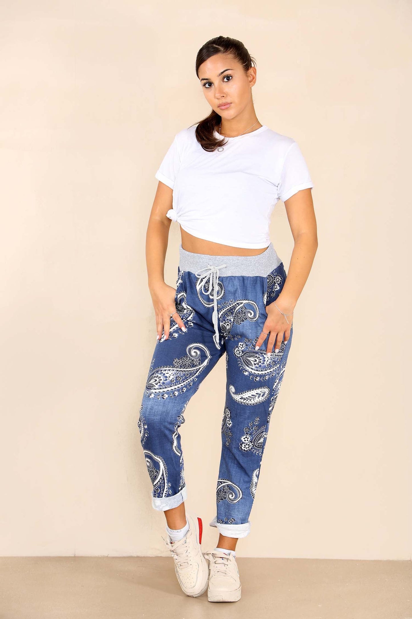 Italian Paisley Print Drawstring Cotton Joggers