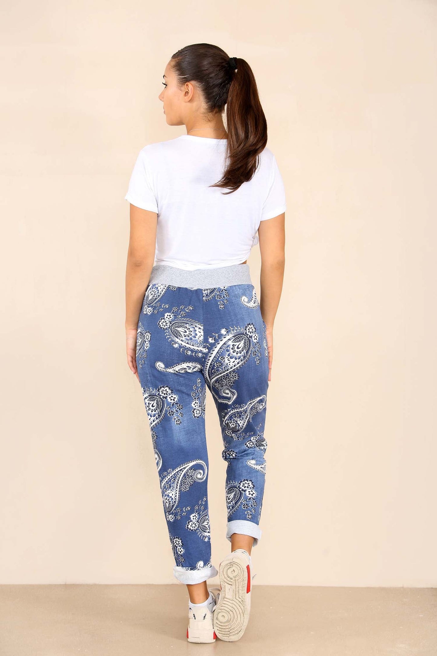 Italian Paisley Print Drawstring Cotton Joggers