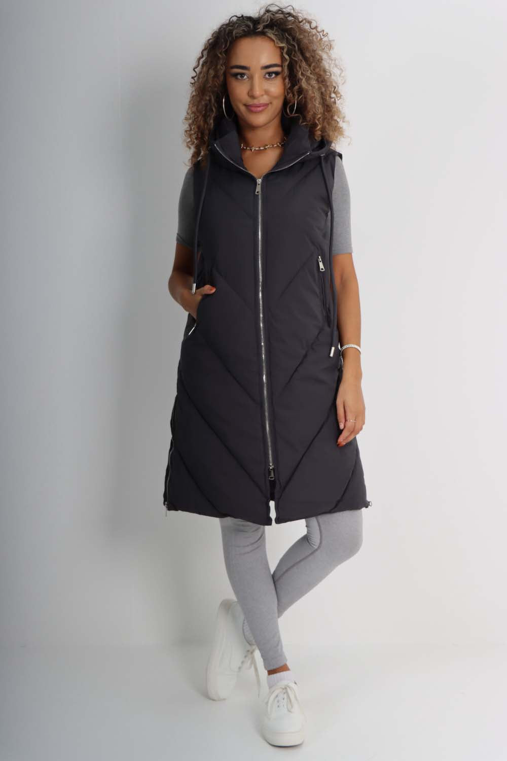 Italian Padded Pockets Hooded Zip up Long Gilet