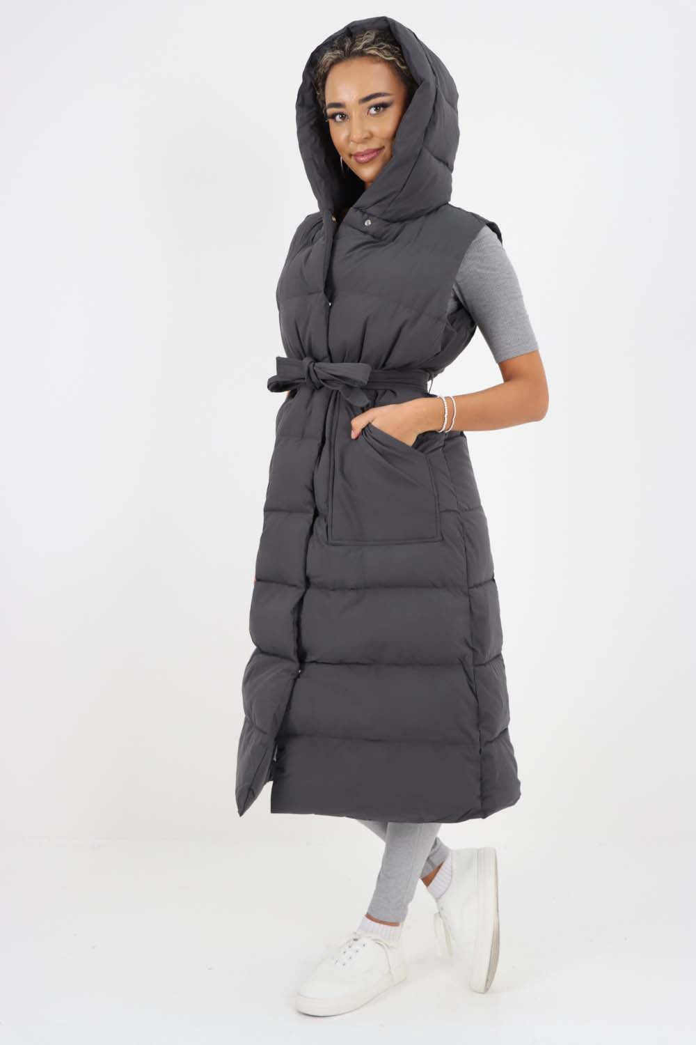 Italian Belted Hooded Long Gilet