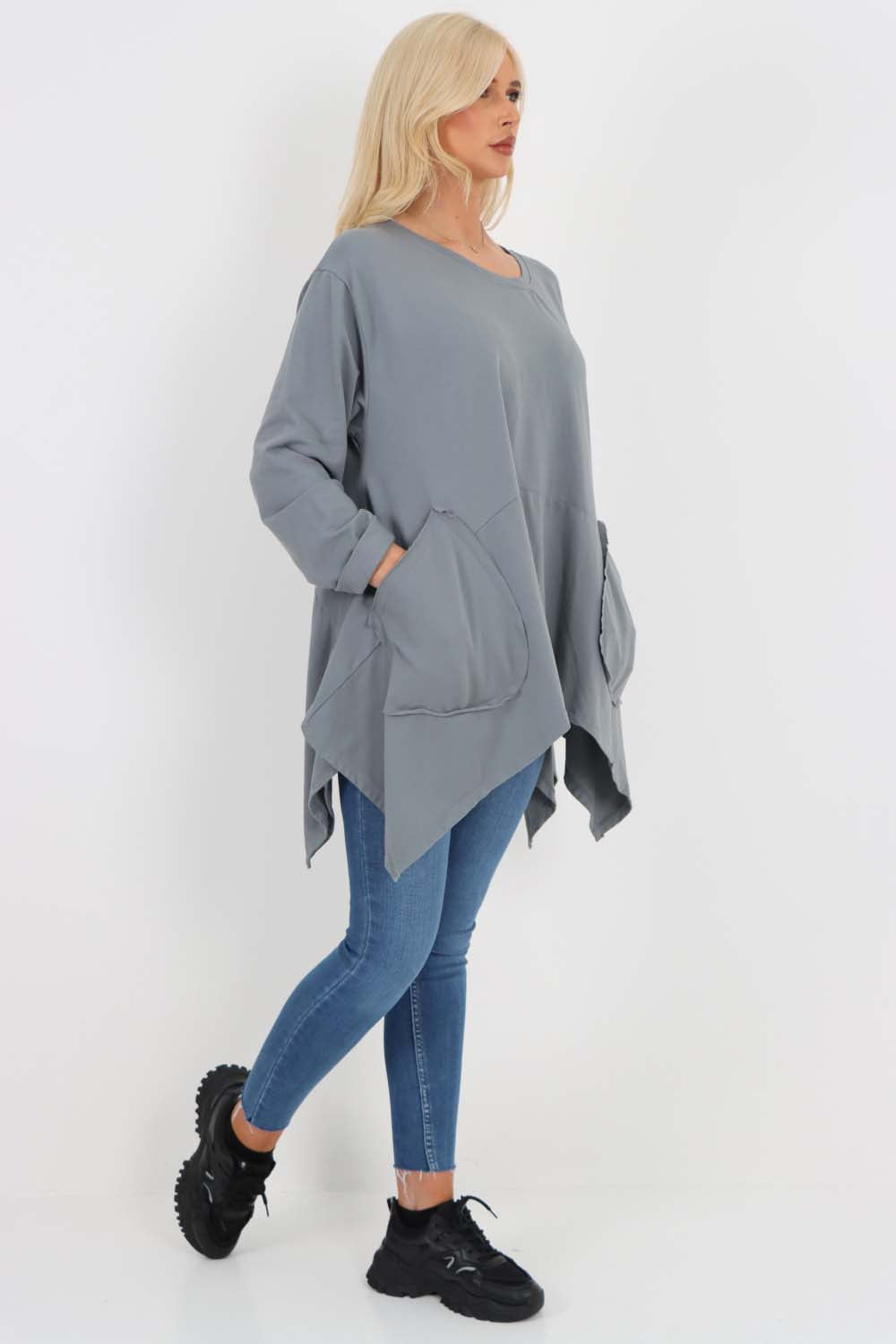 Italian Diagonal Pockets Cotton Tunic Top