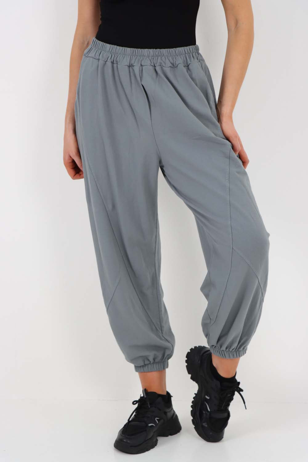 Italian Ruched Hem Cotton Trousers With Side Pockets