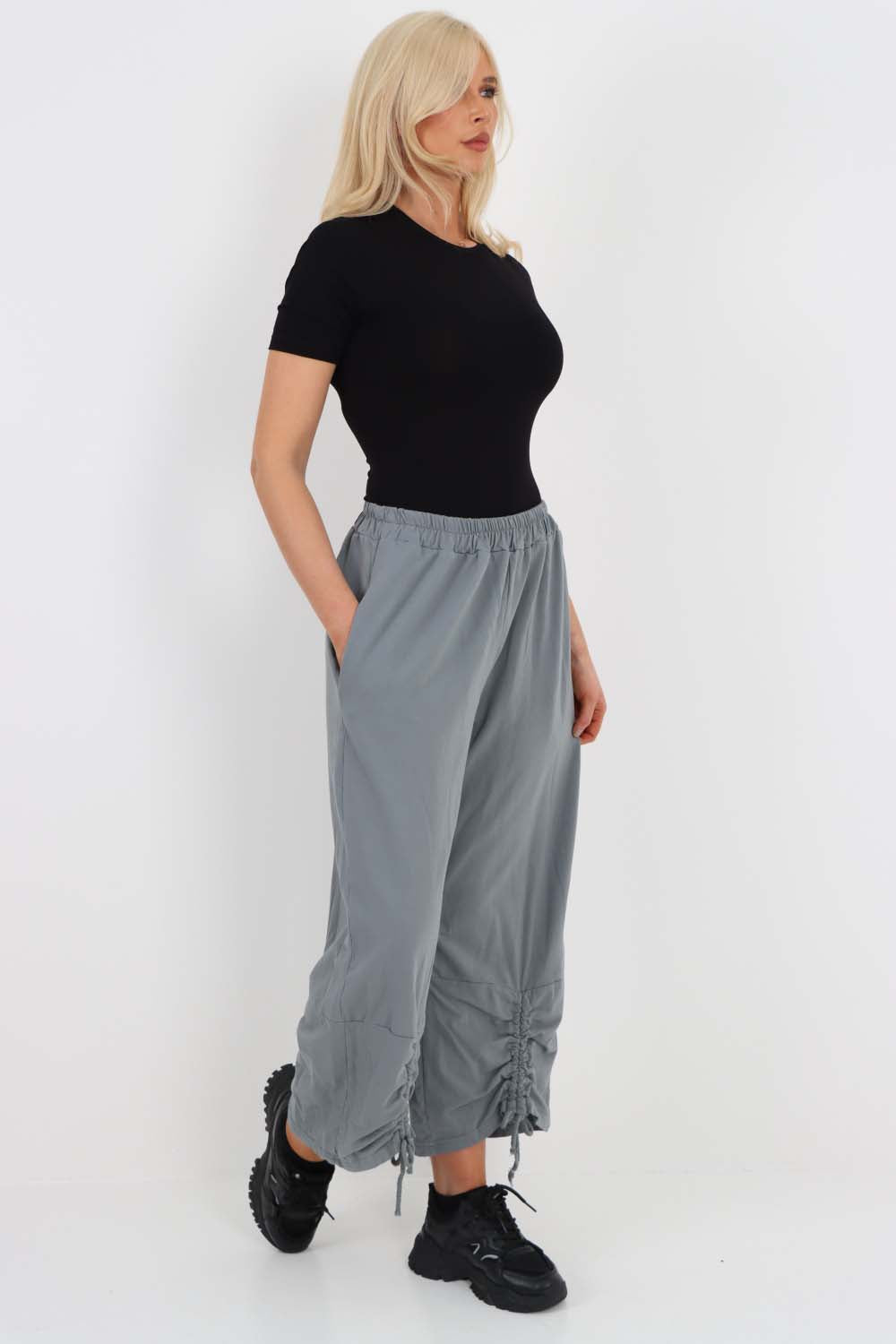 Italian Drawstring Hem Cotton Trousers With Side Pockets