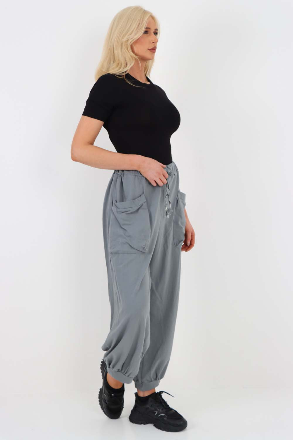 Italian Drawstring Cotton Harem Trousers With Side Pockets