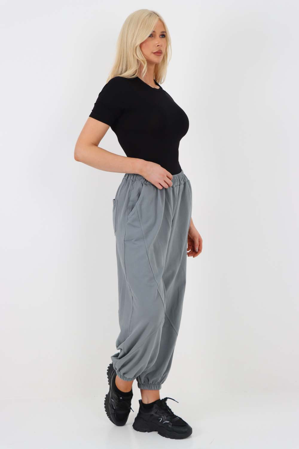 Italian Ruched Hem Cotton Trousers With Side Pockets
