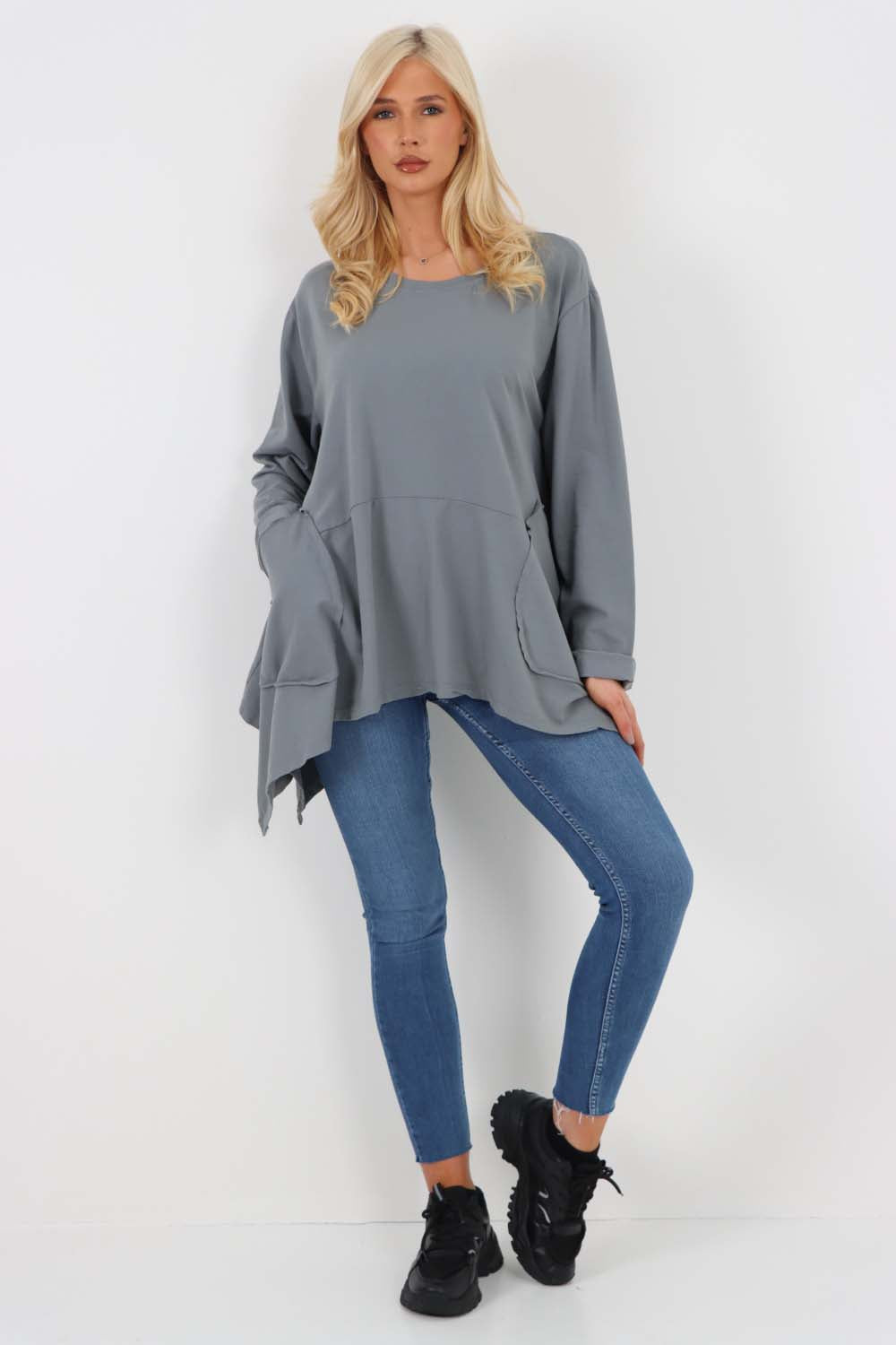 Italian Diagonal Pockets Cotton Tunic Top