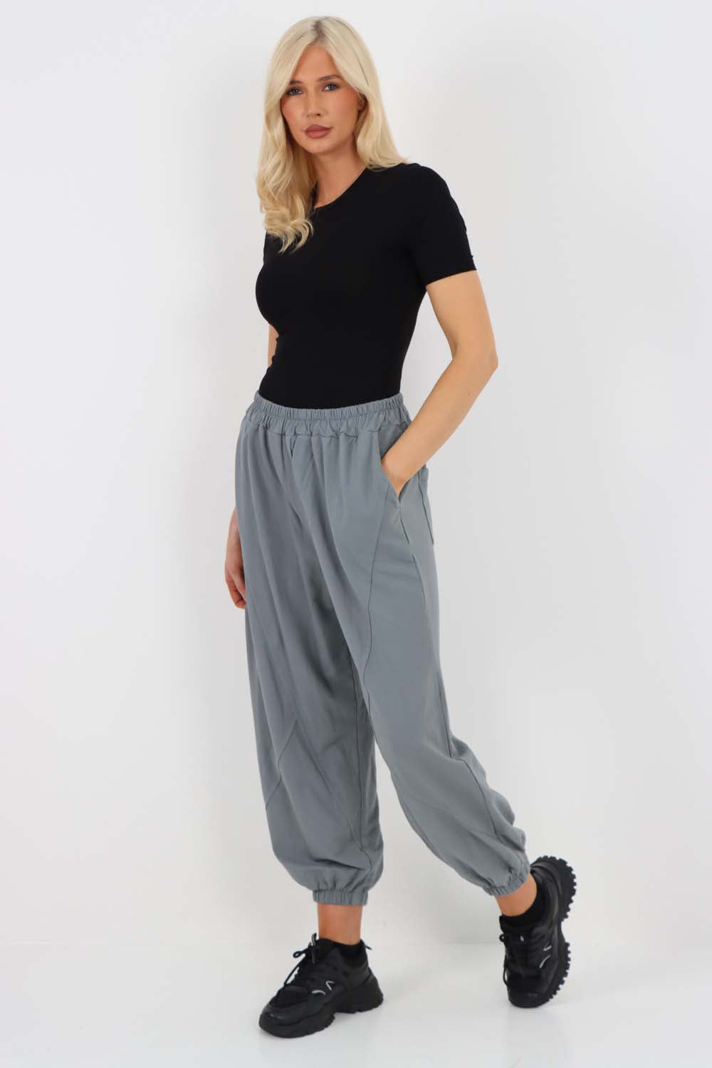 Italian Ruched Hem Cotton Trousers With Side Pockets