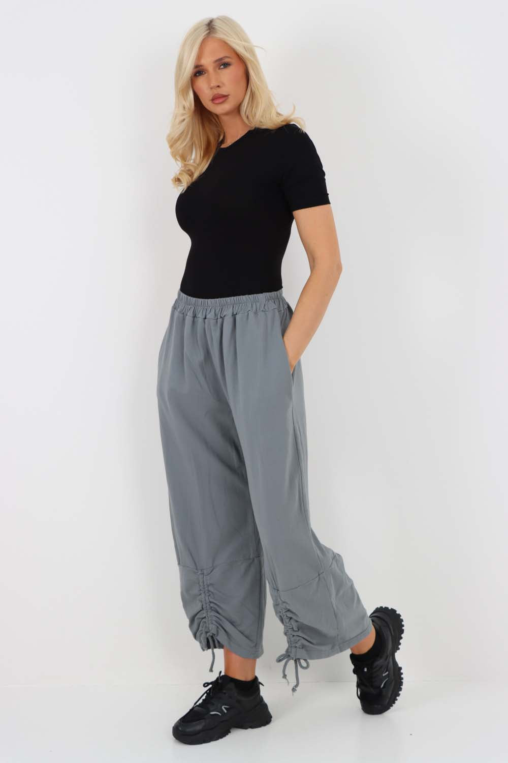 Italian Drawstring Hem Cotton Trousers With Side Pockets