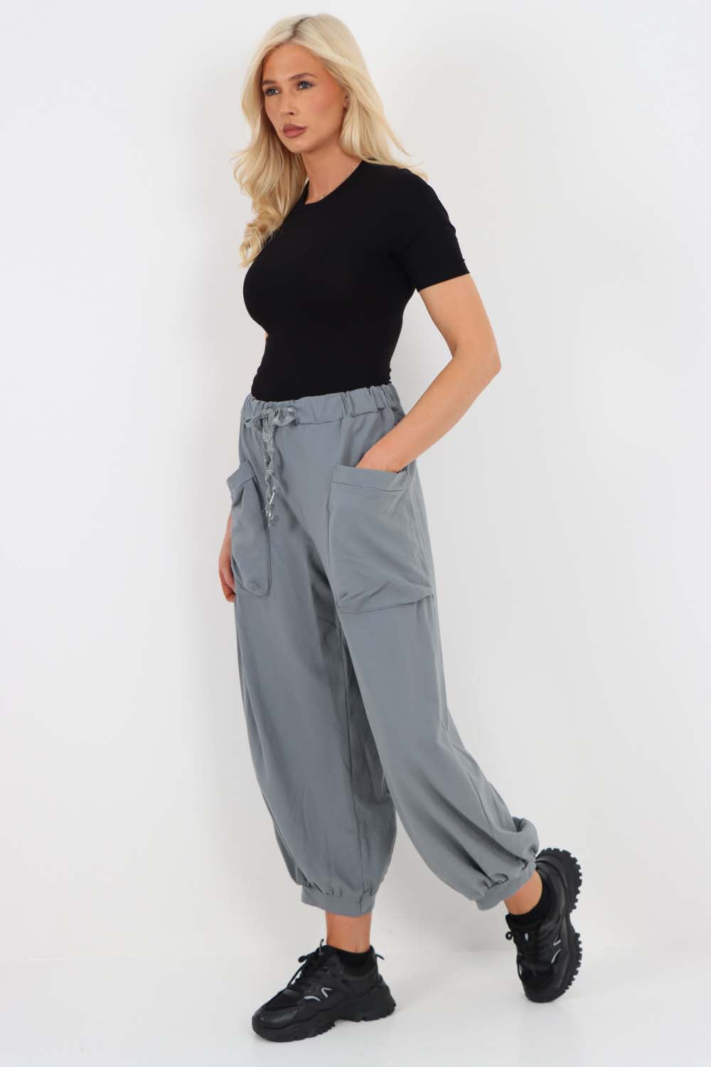 Italian Drawstring Cotton Harem Trousers With Side Pockets