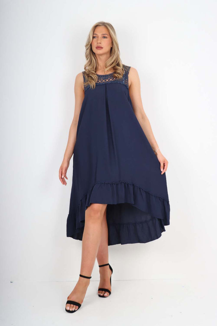 Italian Lace Neckline Dipped Hem Dress