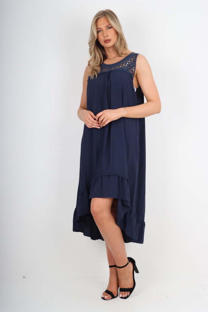 Italian Lace Neckline Dipped Hem Dress