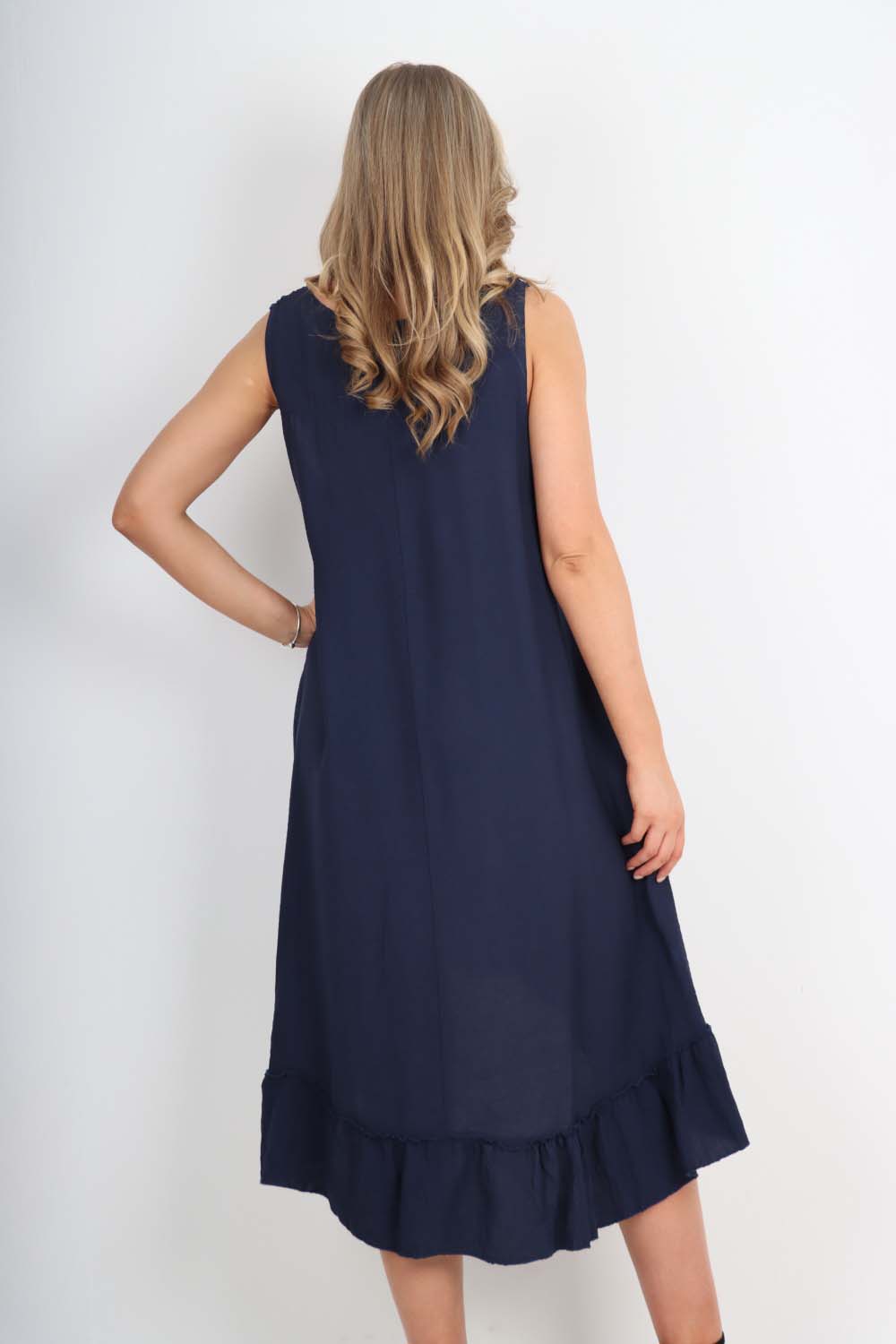 Italian Lace Neckline Dipped Hem Dress