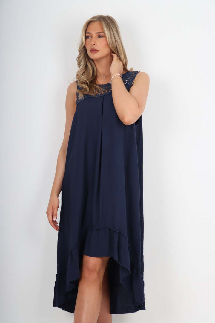 Italian Lace Neckline Dipped Hem Dress