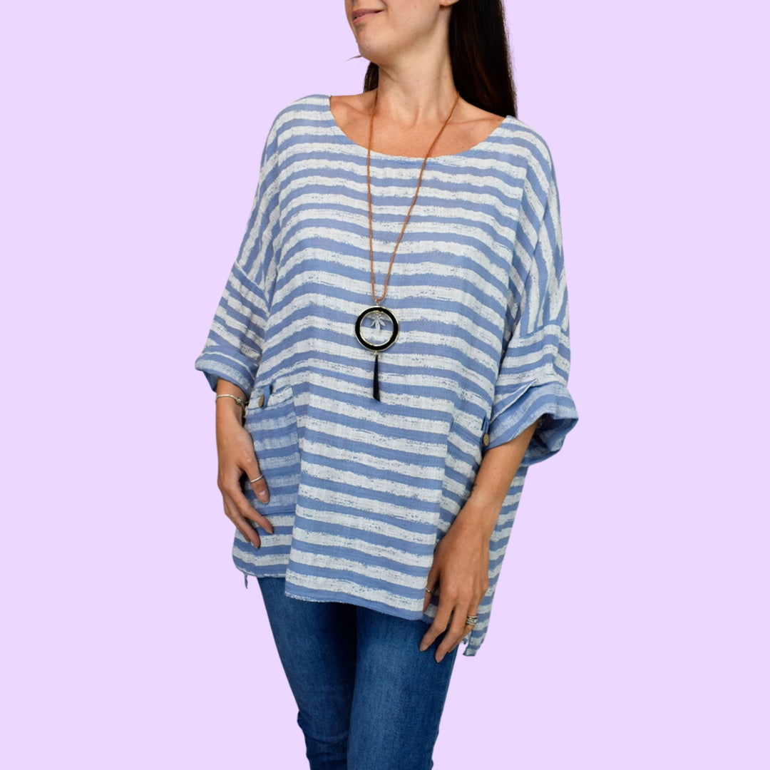 Contrast Stripe Necklace Pocket Top