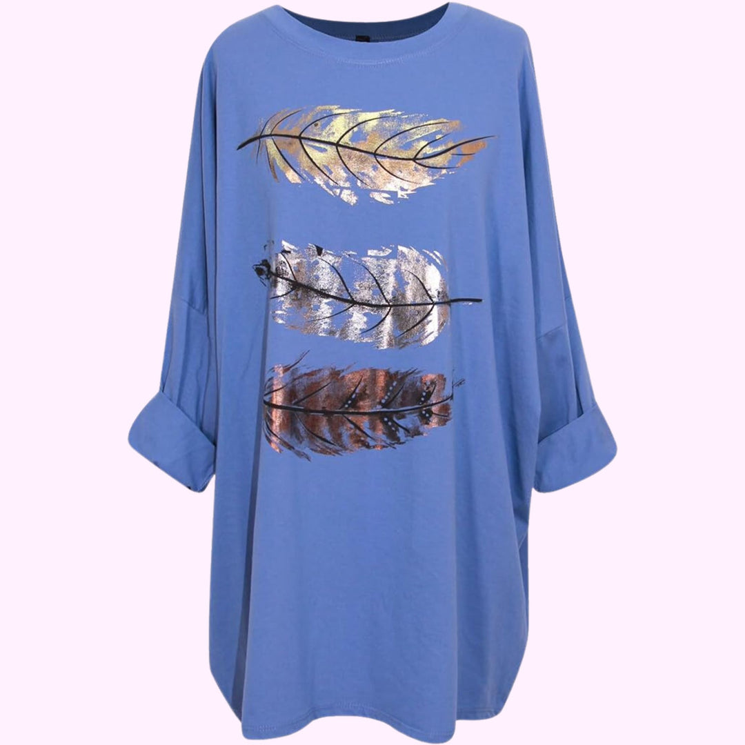 Italian Round Neck Long Sleeves Tunic Foil Print Top