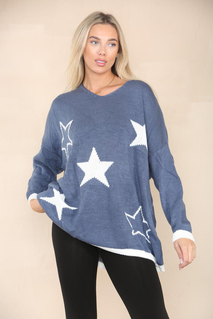 Star Print Oversized V Neck Jumper