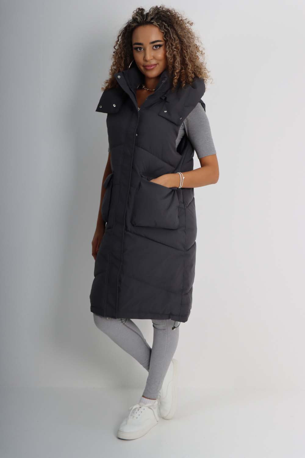 Italian Padded Pockets Hooded Long Gilet