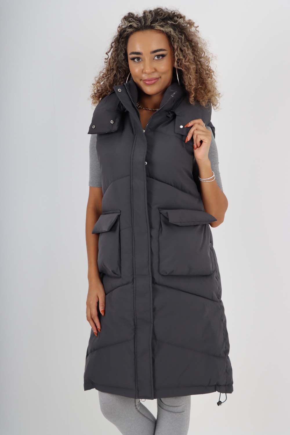 Italian Padded Pockets Hooded Long Gilet