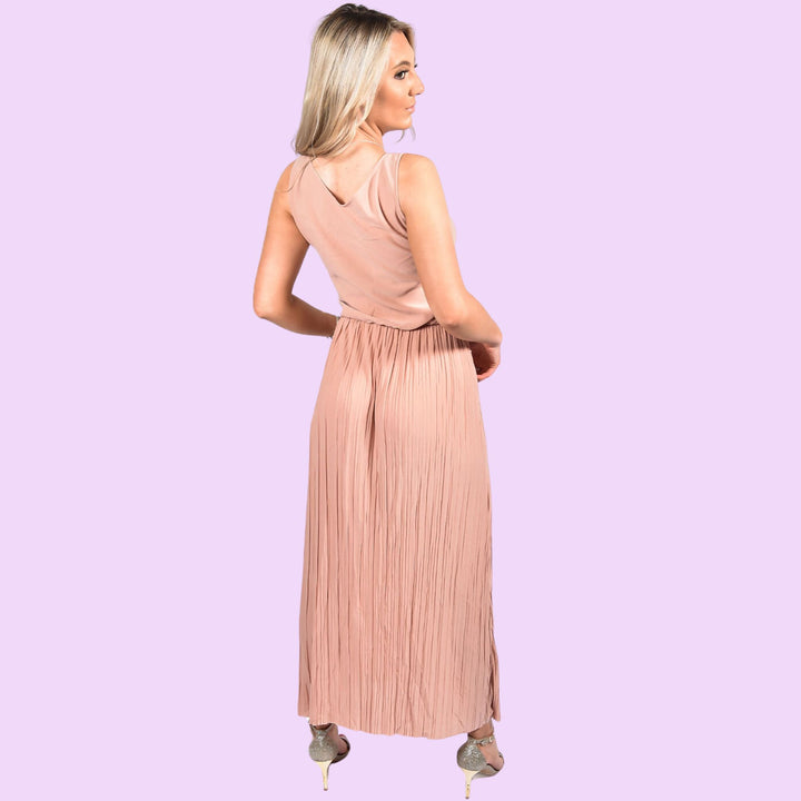 PLEATED V NECK MAXI DRESS