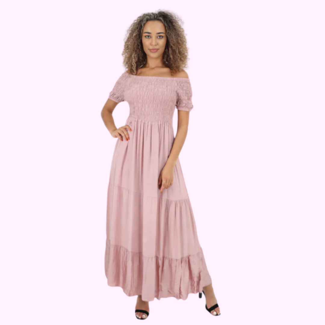 Italian Off Shoulder Shirred Elasticated Tiered Maxi Dress