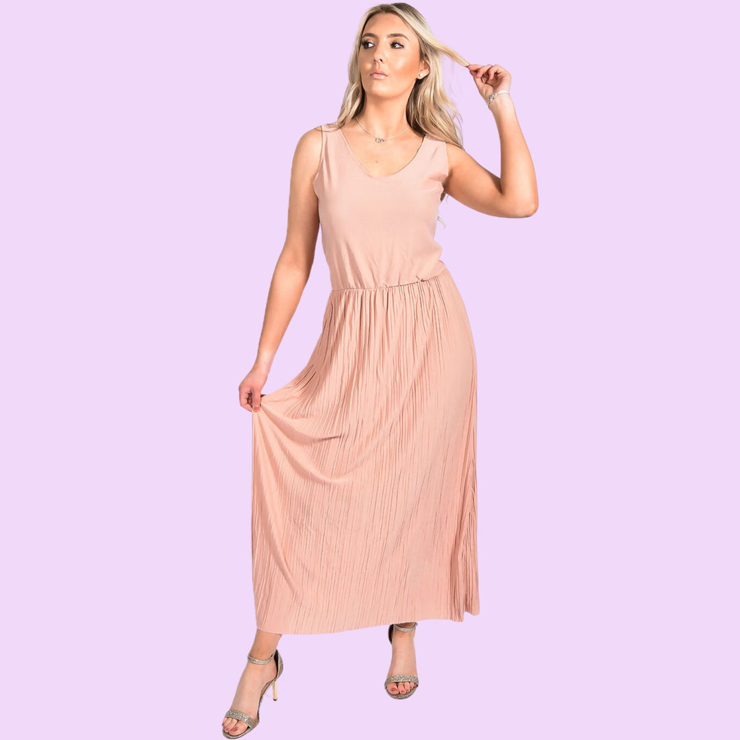 PLEATED V NECK MAXI DRESS