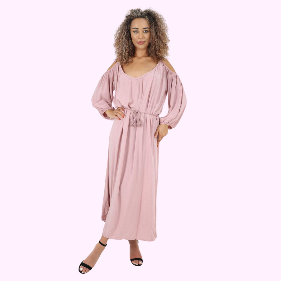 Italian Cold Shoulder Belted Maxi Dress