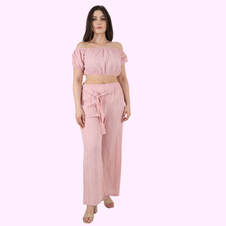 Italian Bardot Crop Top & Belted Bottom Co-Ord Set