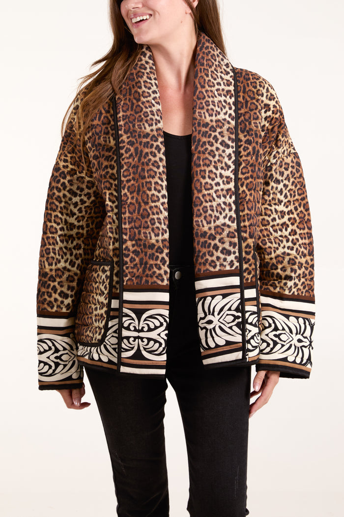 Leopard Print & Abstract Trim Padded Jacket