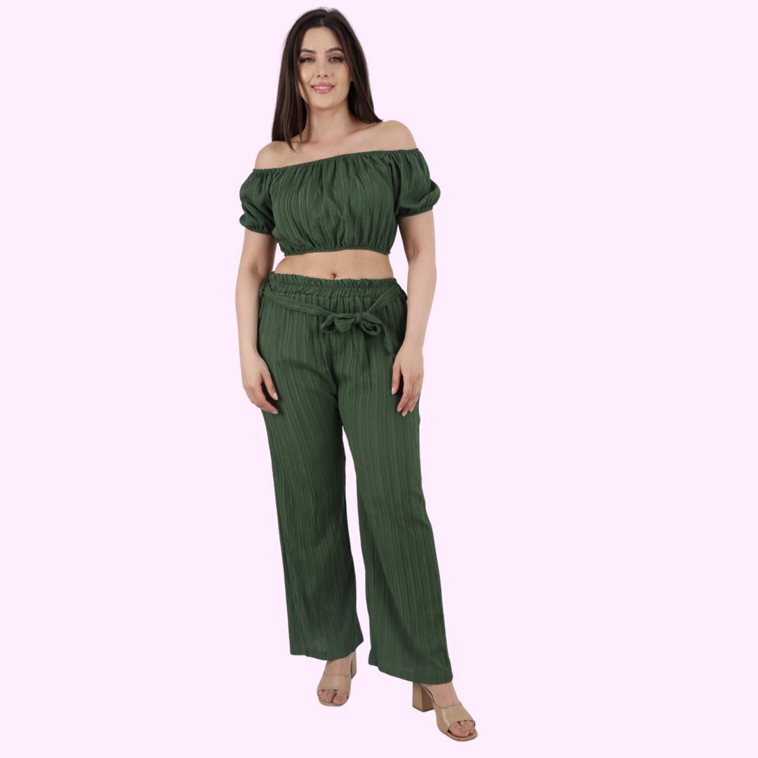 Italian Bardot Crop Top & Belted Bottom Co-Ord Set