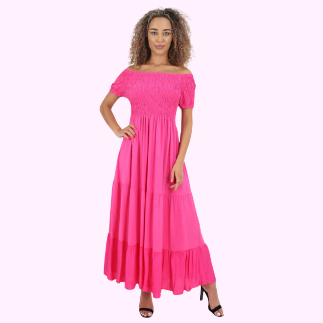 Italian Off Shoulder Shirred Elasticated Tiered Maxi Dress