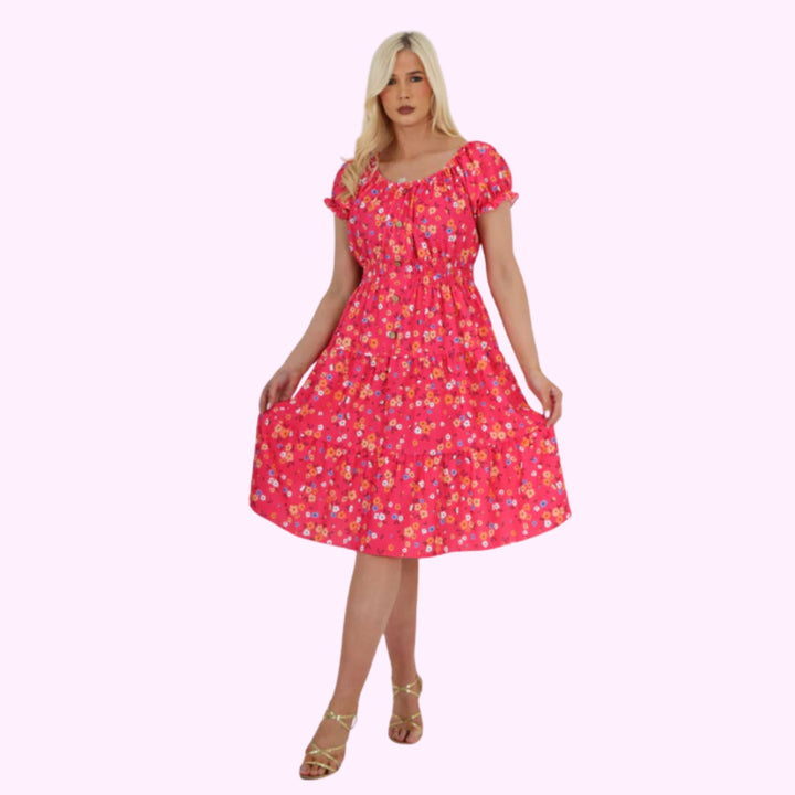 Italian Button Detailed Ditsy Print Bardot Midi Dress