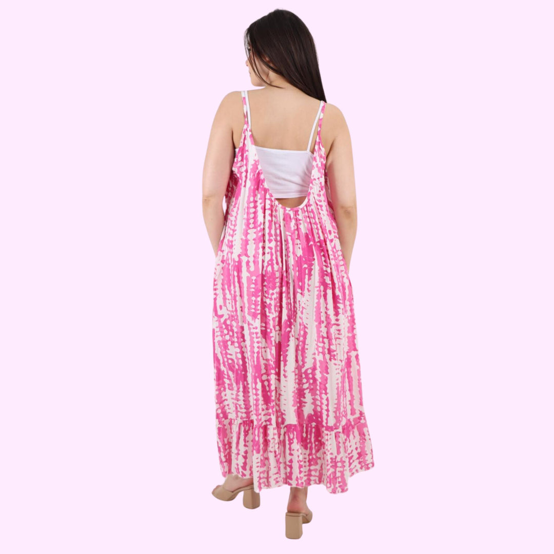 Italian Tie Dye Print Ruffle Hem Sleeveless Dress