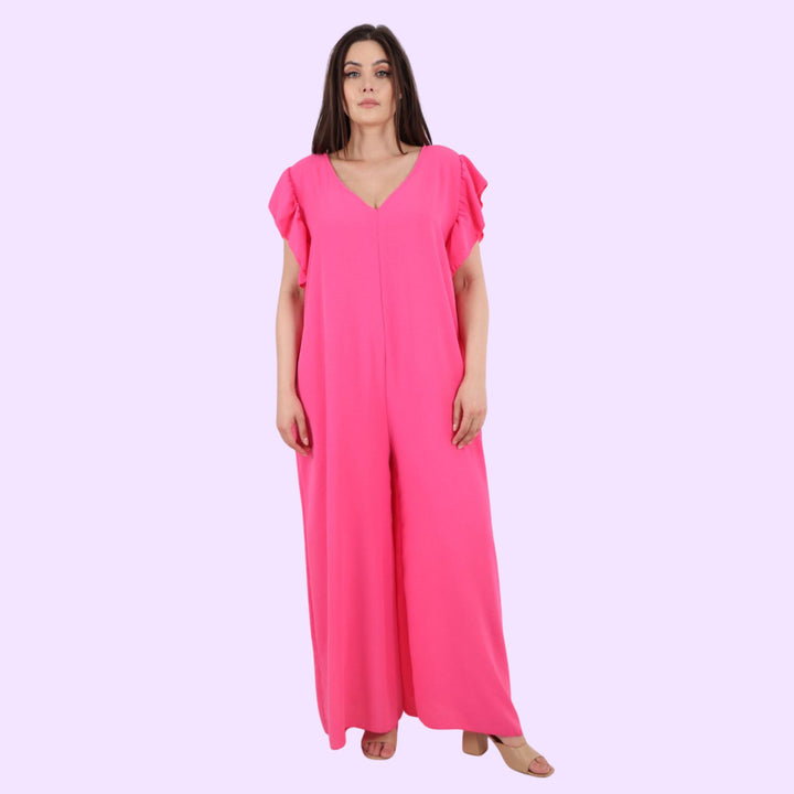 Italian Ruffled Sleeve Back Tie Open Wide Leg Jumpsuit